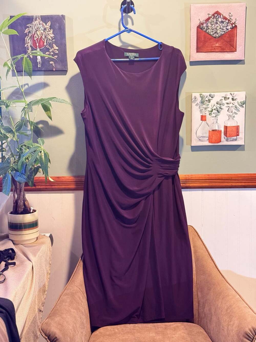 Lauren Ralph Lauren Sleeveless Ruched Jersey Sheath Dress in Deep Purple